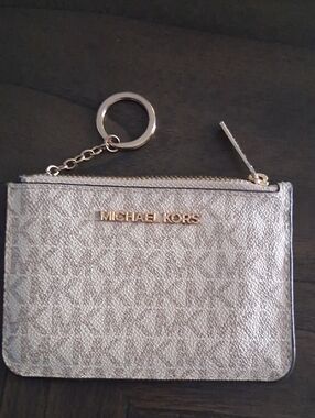 Michael Kors Metallic Beige Logo Key Pouch with Gold Hardware